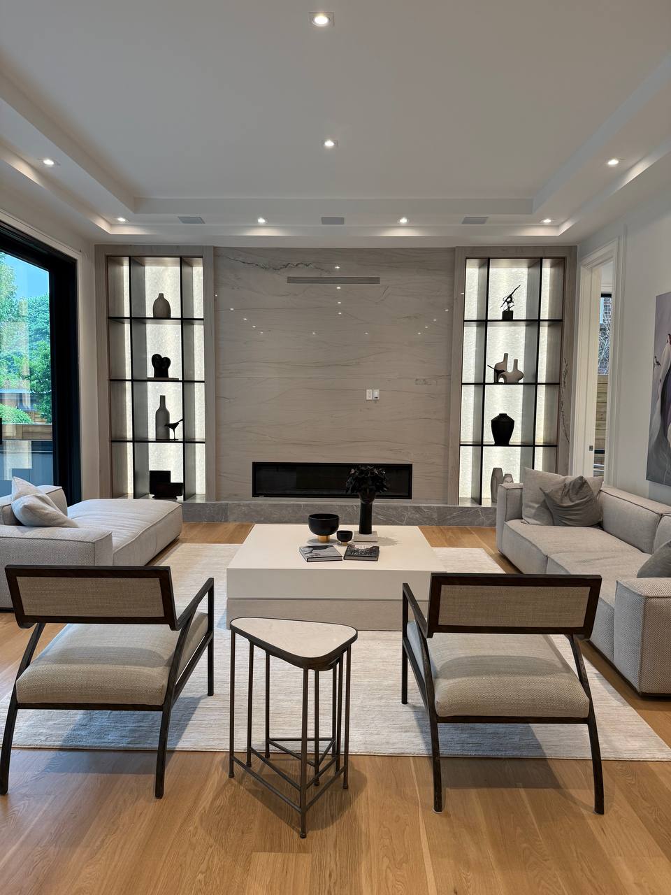 Great room with marble fireplace
